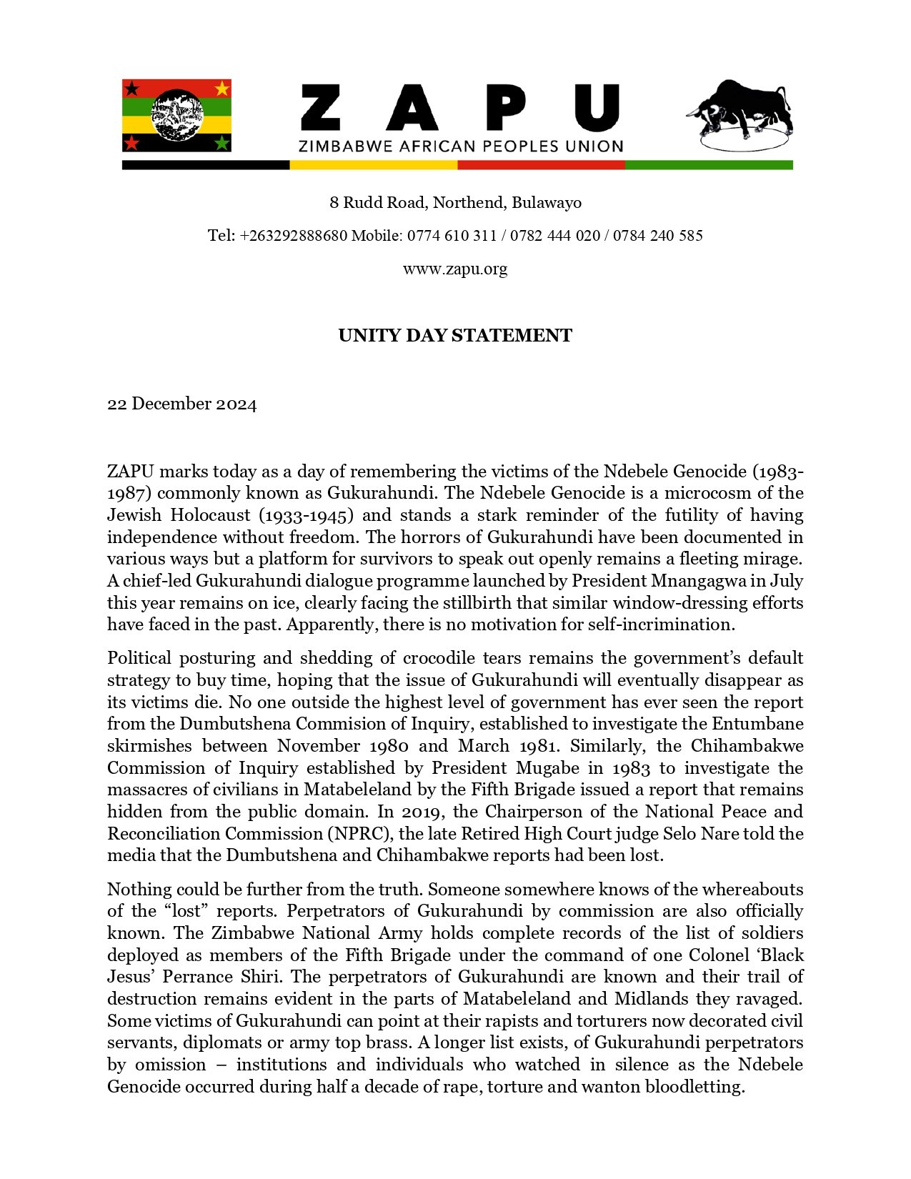 ZAPU Unity Day Satetement 2024