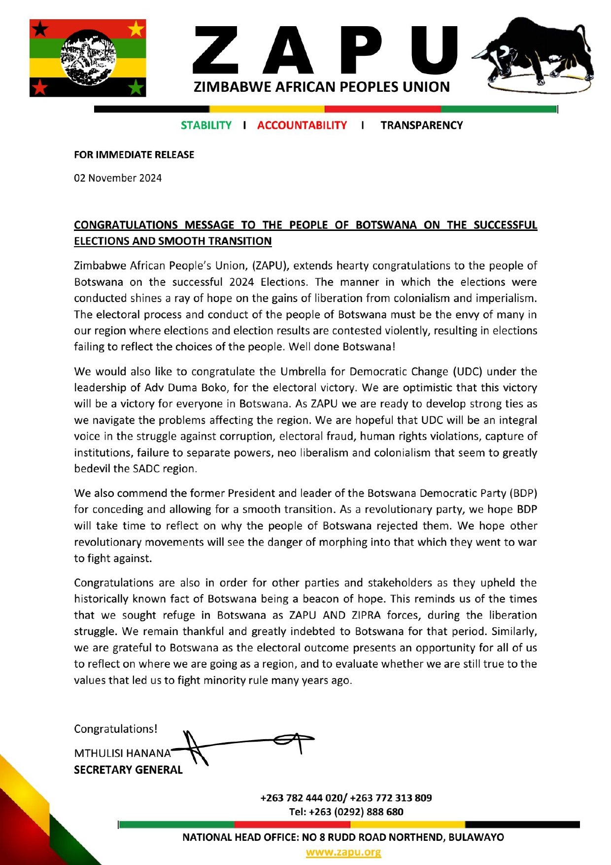 Zapu Congratulatory message to Botswana 2024 